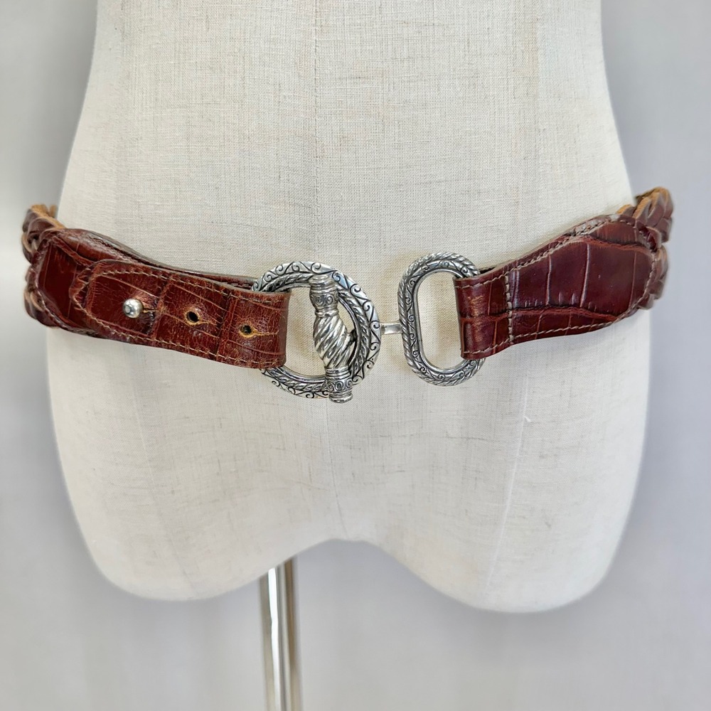 Vintage 90s Braided Leather Brown Belt Silver  Toggle Buckle Boho Western Medium